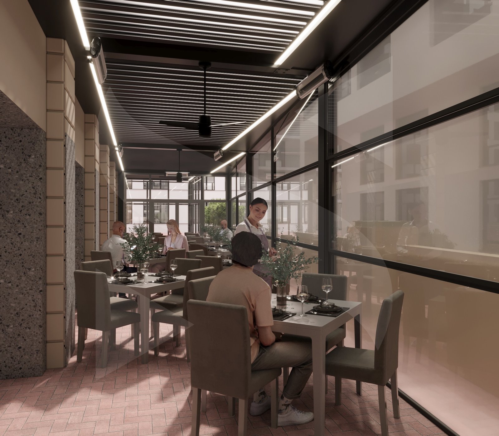 Steakhouse terrace dining under a louvered pergola with screens